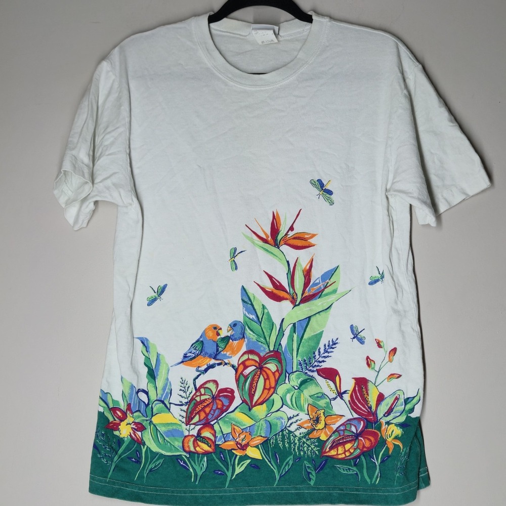 Vintage Bird Garden All Over Print Nature T-Shirt Basic Editions Size Small